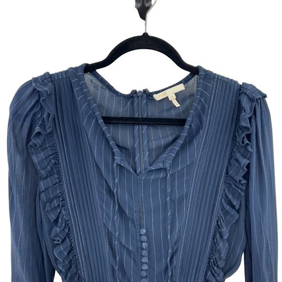 Maje Istra Ruffled Crepe Playsuit Romper Long‎ Sleeve Pinstripe Blue Size 34 XS - Picture 3 of 13